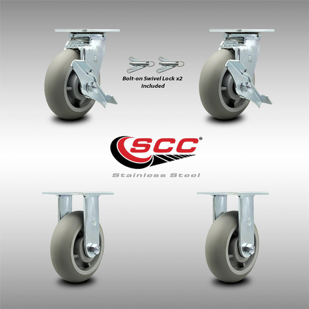 Service Caster 6 Inch Stainless Steel Thermoplastic Caster Set with 2 Brake/Swivel Lock 2 Rigid SCC-SS30S620-TPRRD-TLB-BSL-2-R-2